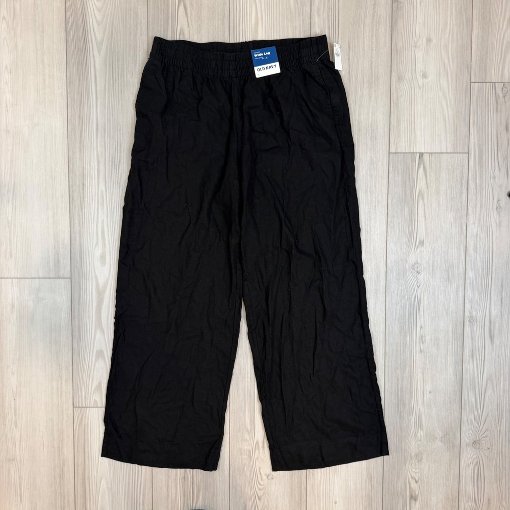 Old Navy Black Linen Blend High Rise Wide Leg Comfort Waistband Pants Large NWT